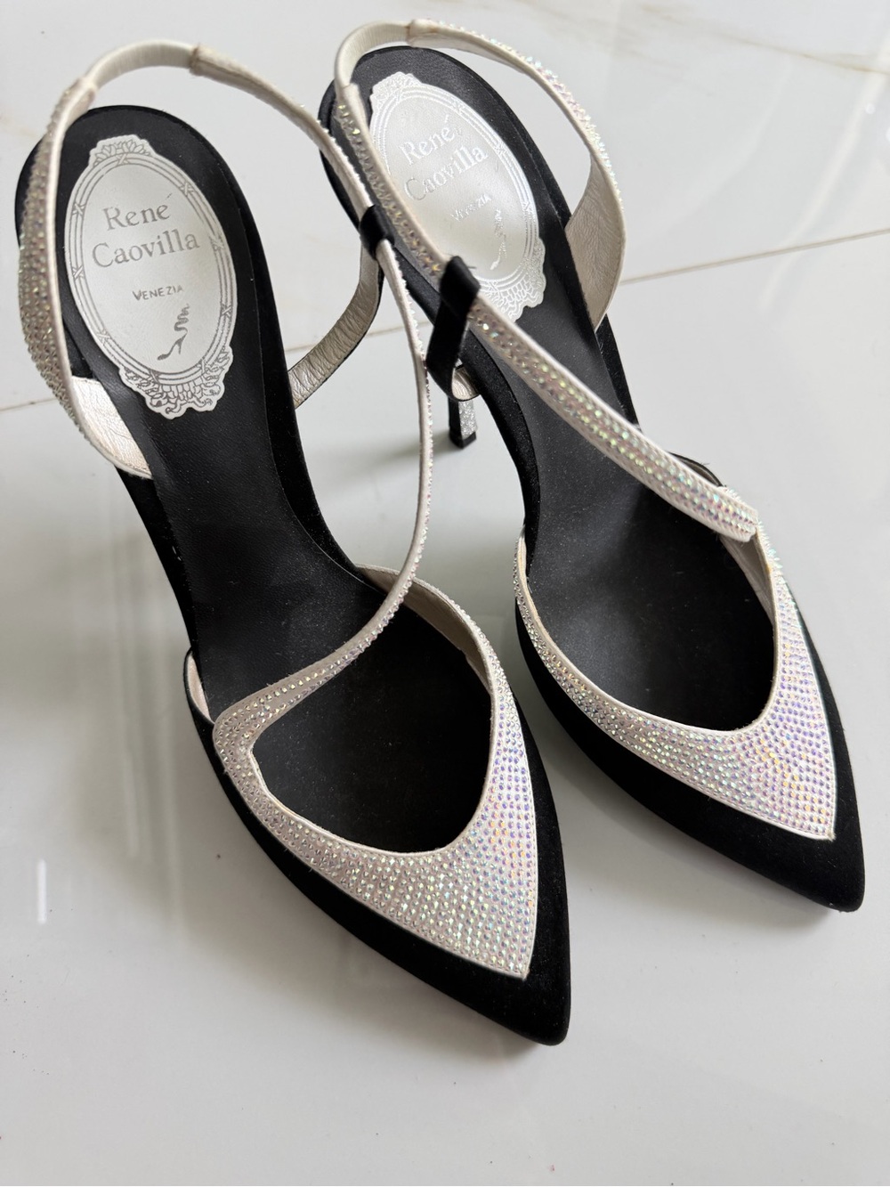 Rene Caovilla Black and Iridescent Crystal Slingback Pointed Heels